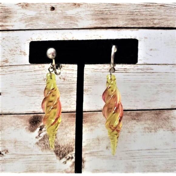 Vintage Clip On Earrings Stunning Yellow & Orange Statement Dangle - Picture 1 of 4